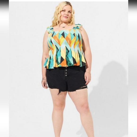 Torrid Peplum Crinkle Gauze Smocked Tank Geo Multi Sz 1X 14-16 - Picture 5 of 10